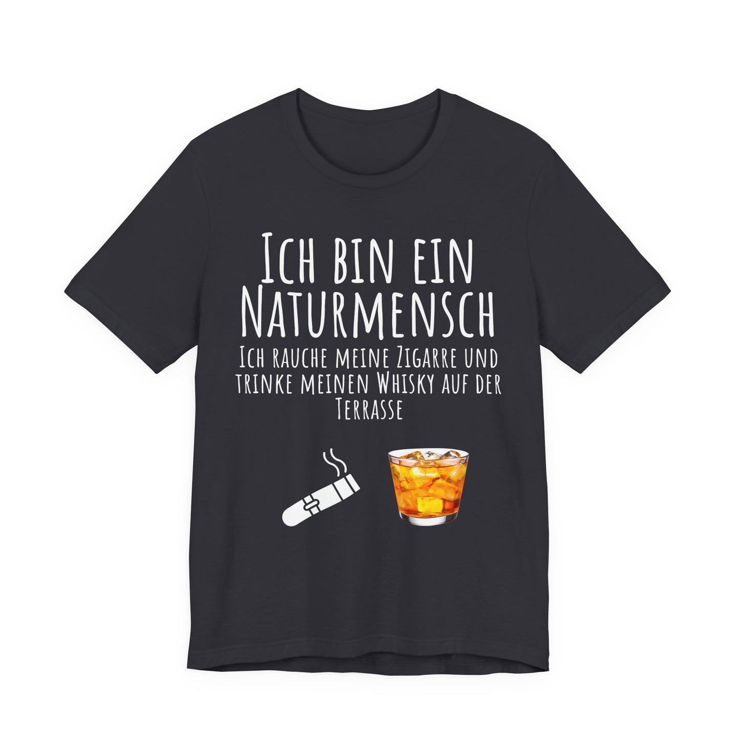 Black t-shirt with German text and graphic of a glass of whiskey and a cigarette on a white background