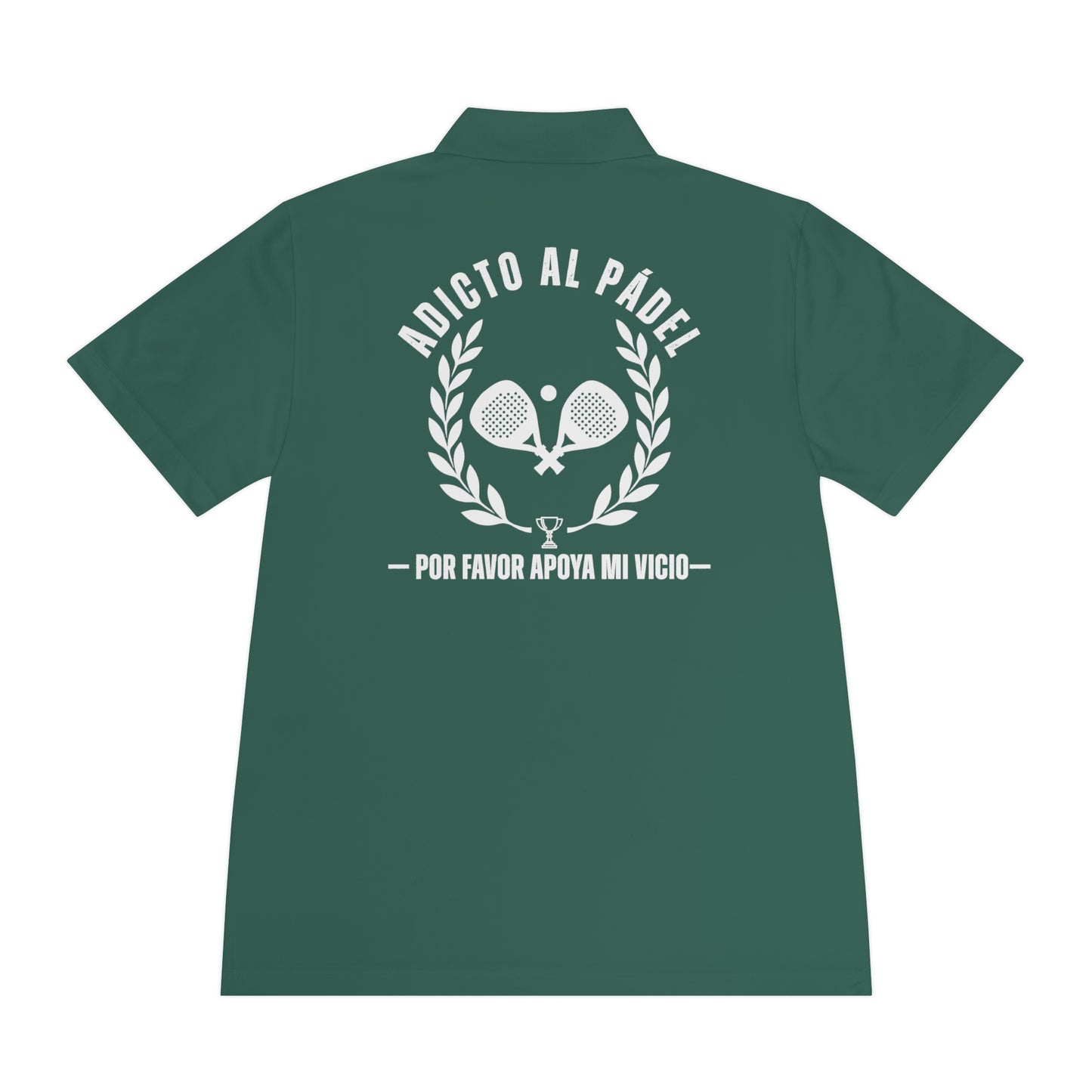 Green polo shirt with white text and graphics on a white background