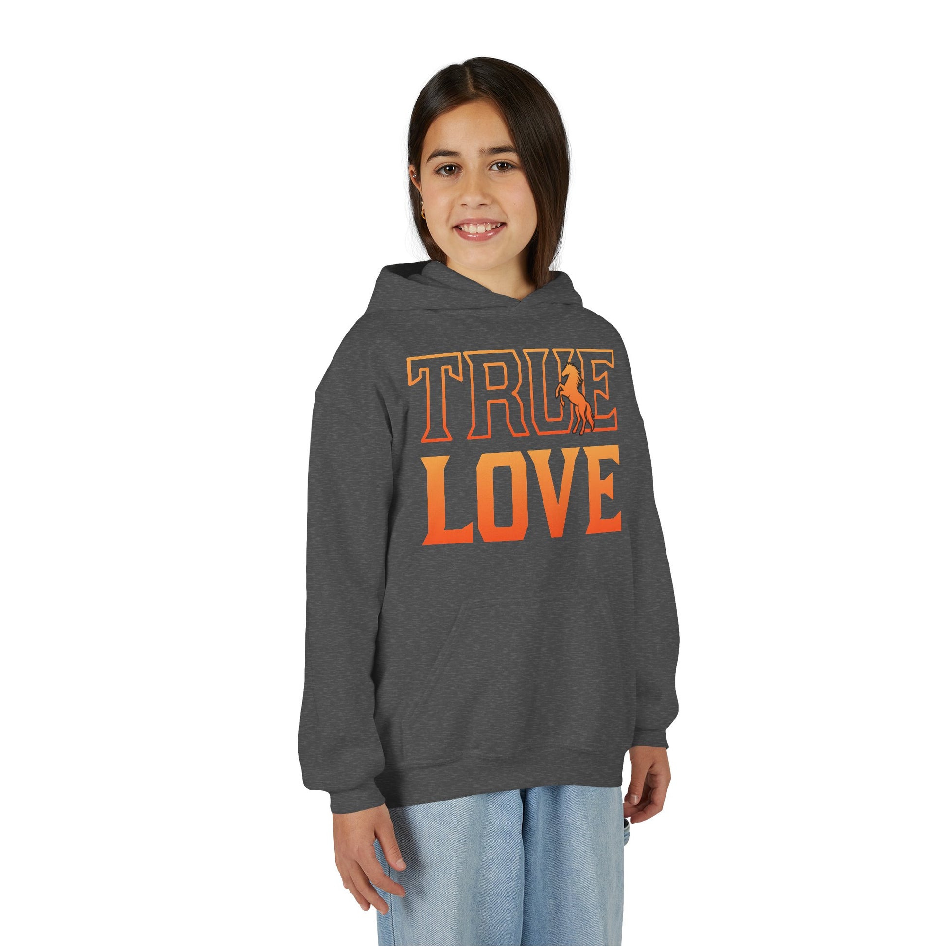 Person wearing a gray hoodie with 'TRUE LOVE' printed in orange on a white background