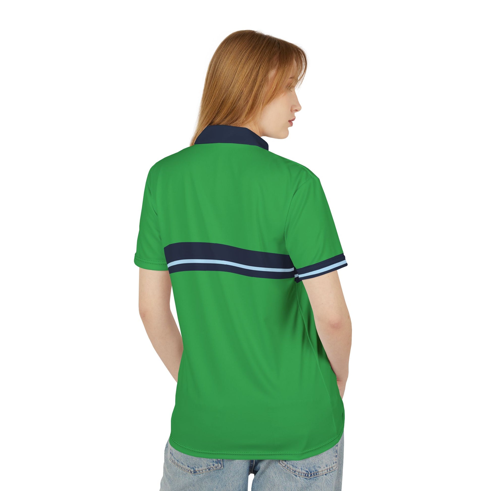Vintage Tennis Polo Person wearing a green polo shirt with a blue stripe on a white background