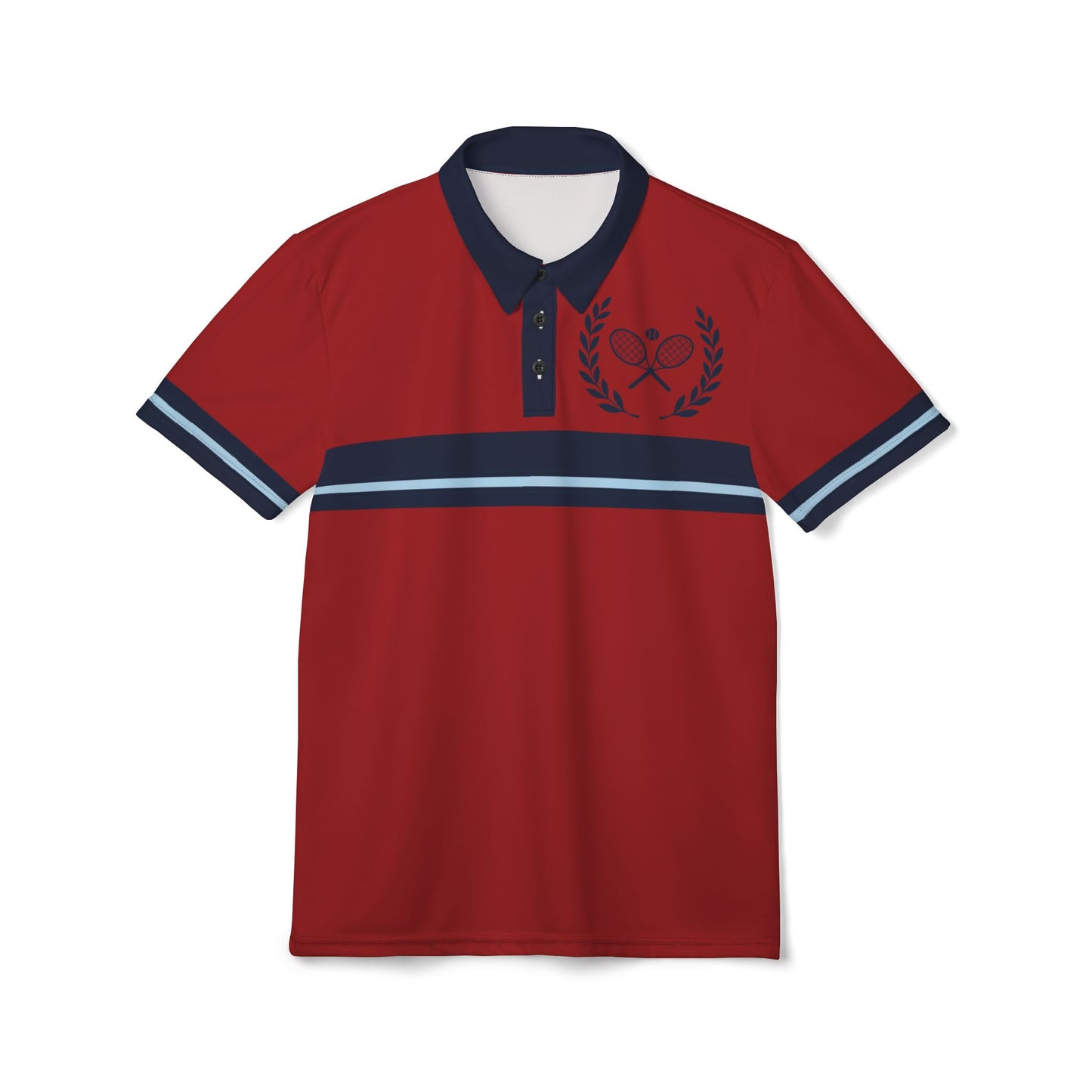 Red Tennis Polo Shirt Red polo shirt with navy accents on a white background