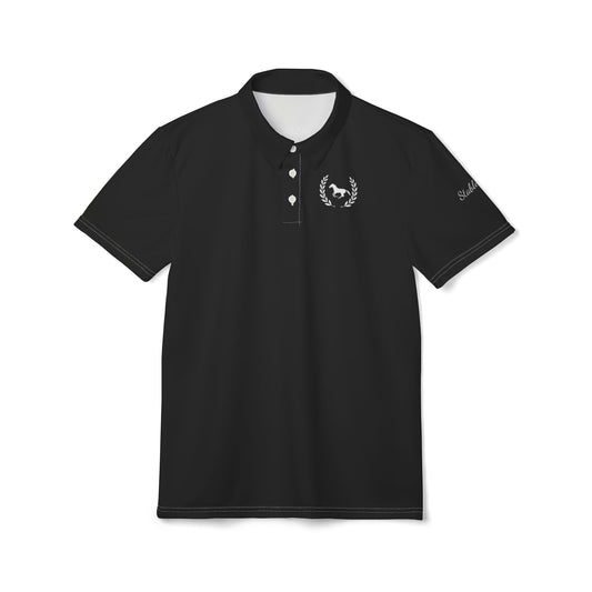 Black polo shirt with a logo on the chest and text on the sleeve against a white background