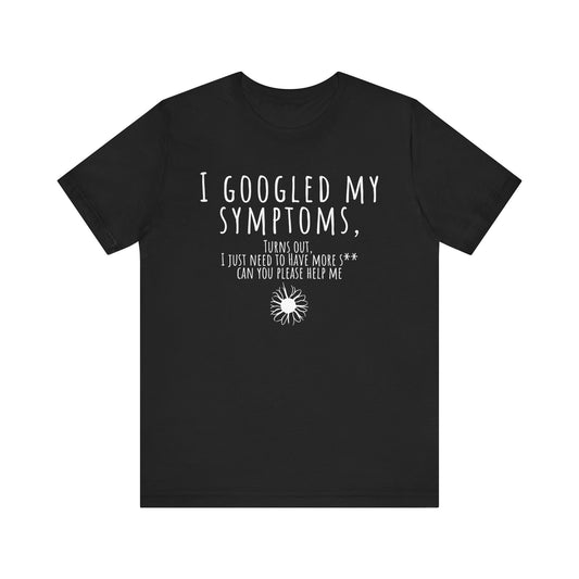 Black t-shirt with white text and graphic on a white background
