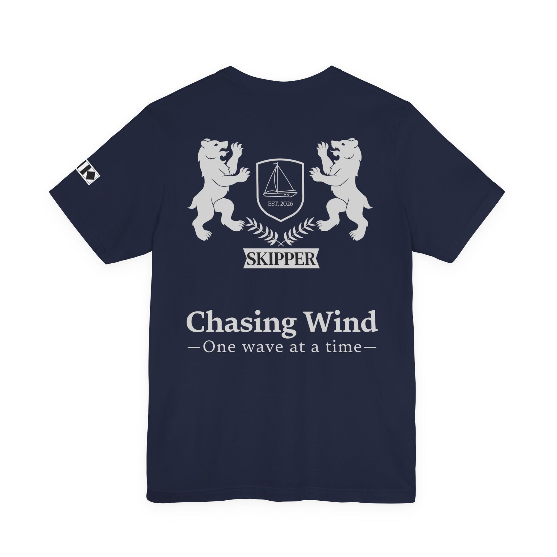 Sailing T-Shirt Navy blue t-shirt with white graphics and text on a white background