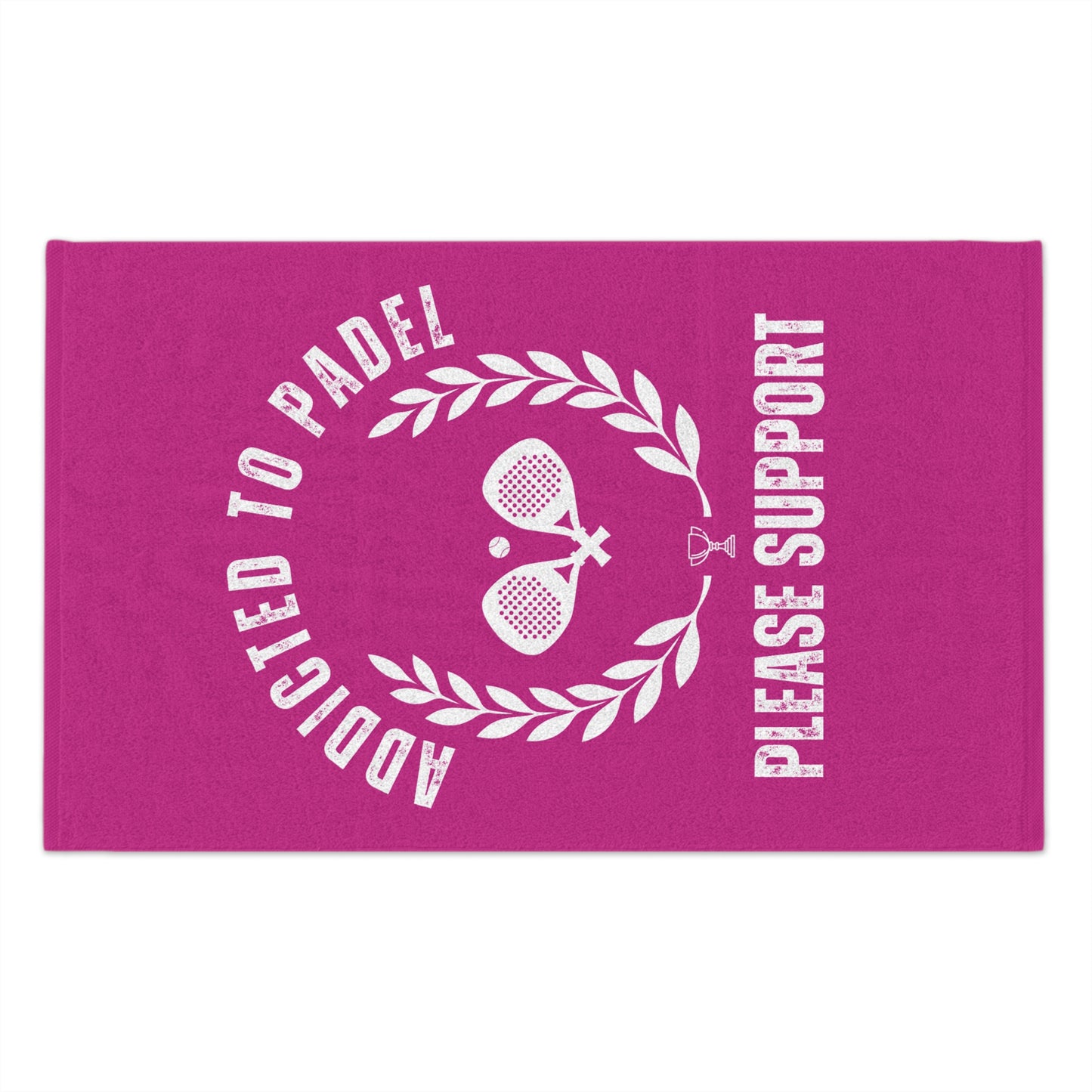 Pink towel with white text and paddle design on a white background