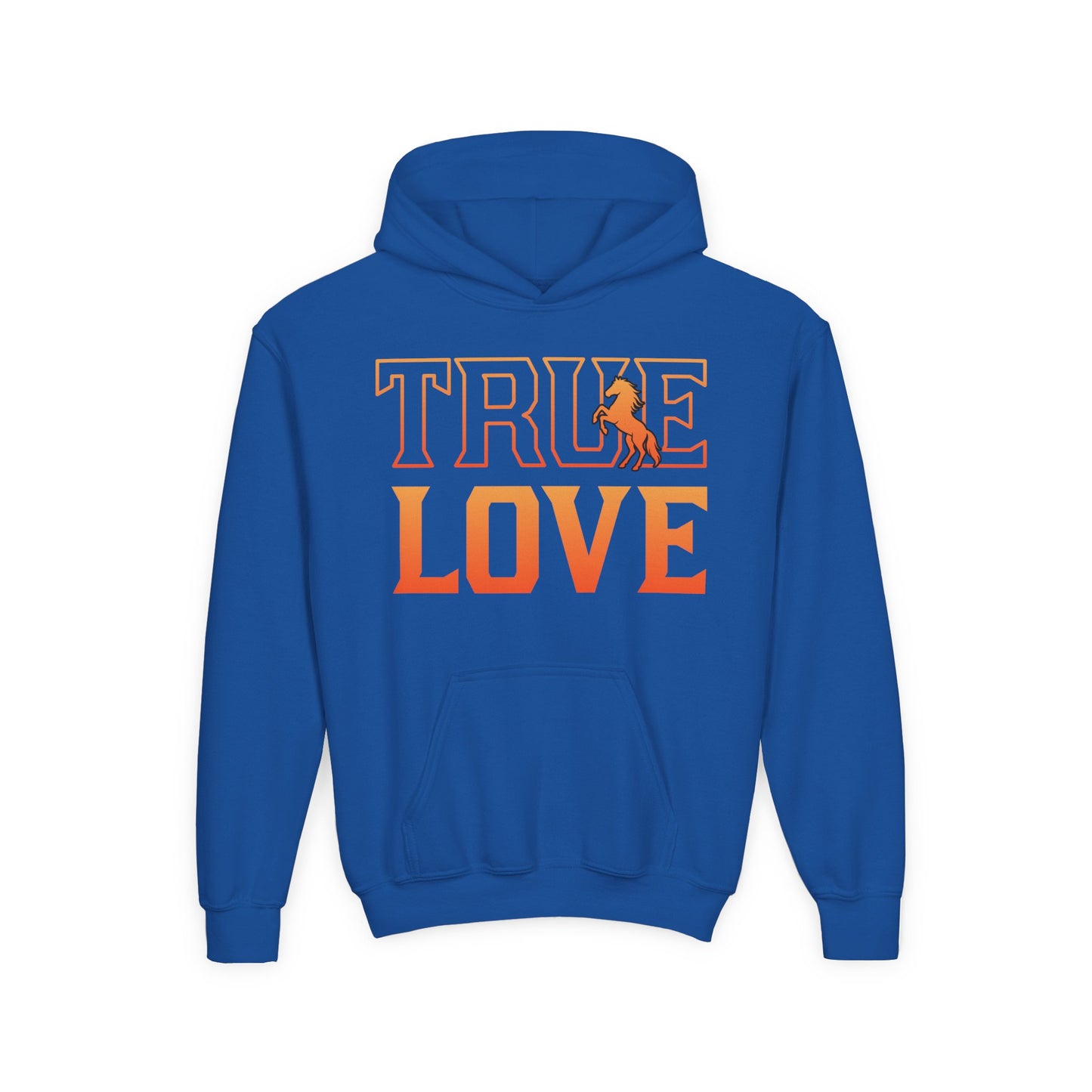 Blue hoodie with 'TRUE LOVE' text and graphic on the back against a white background