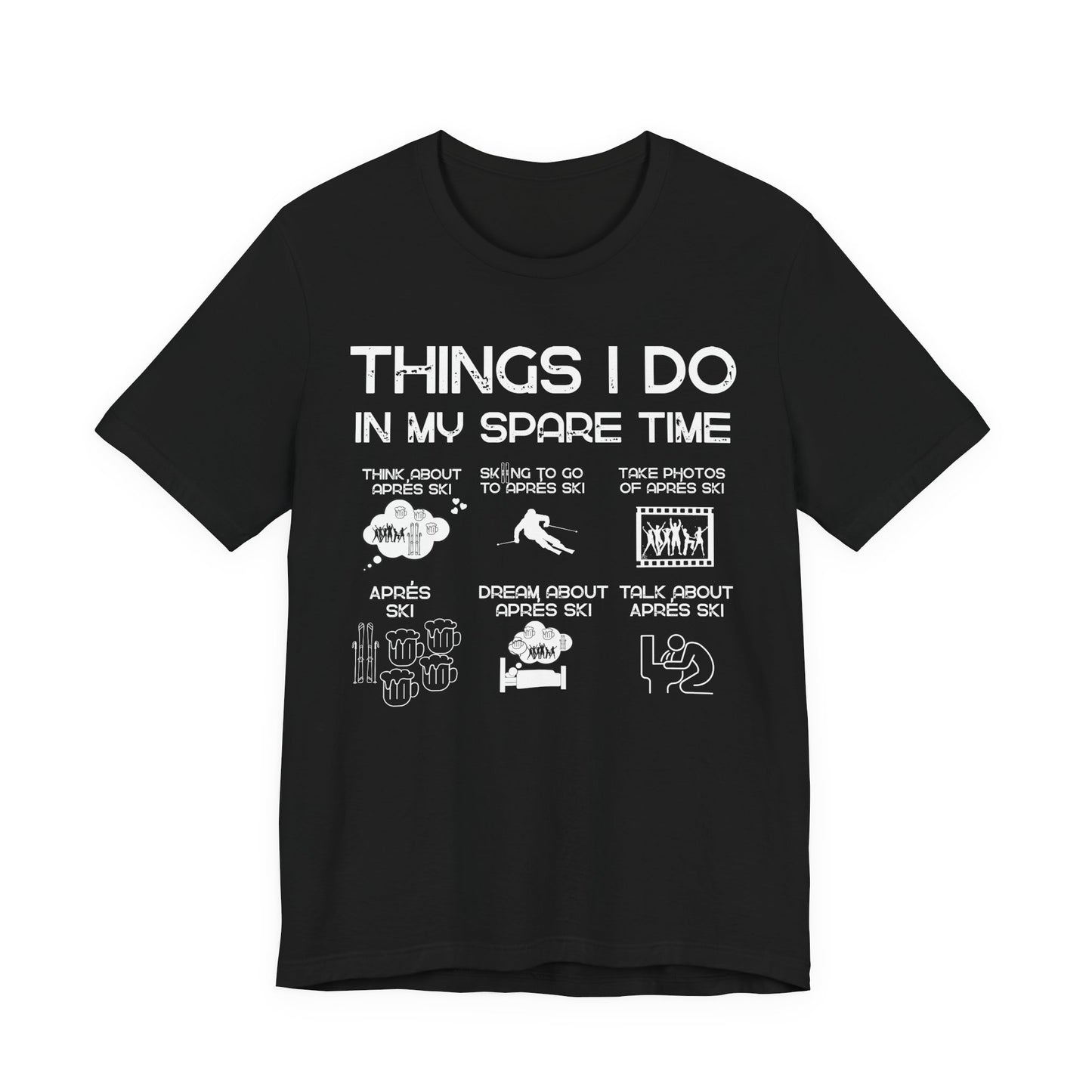 Black t-shirt with white text and graphics on a white background