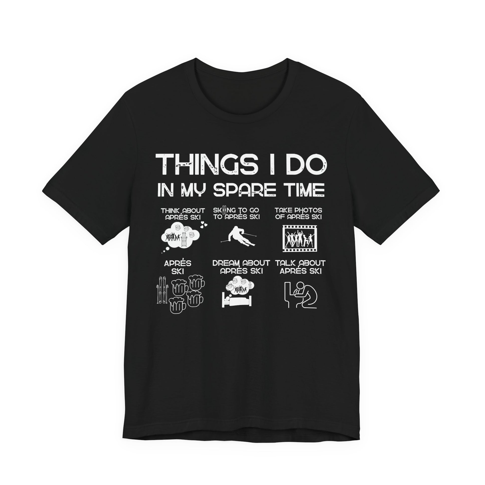 Black t-shirt with white text and graphics on a white background