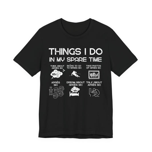 Black t-shirt with white text and graphics on a white background