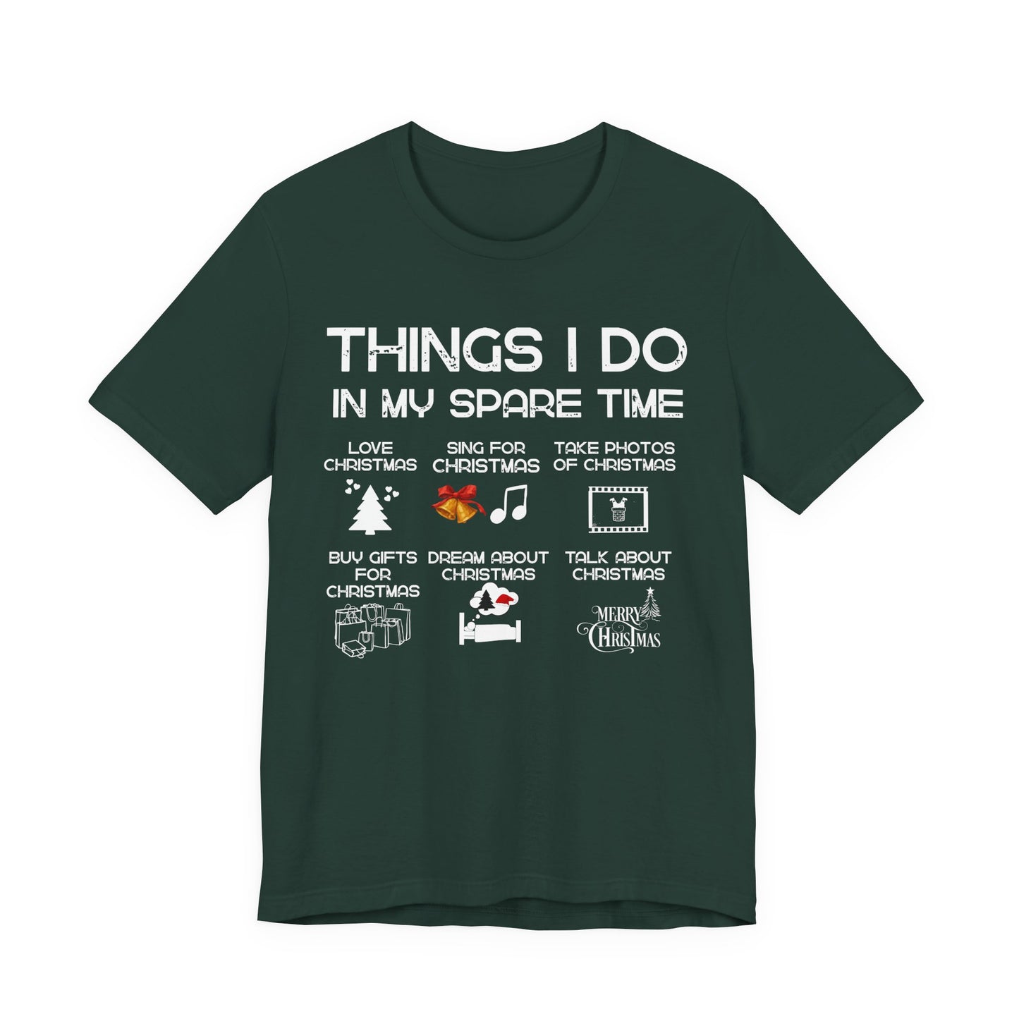Green t-shirt with Christmas-themed text and graphics on a white background