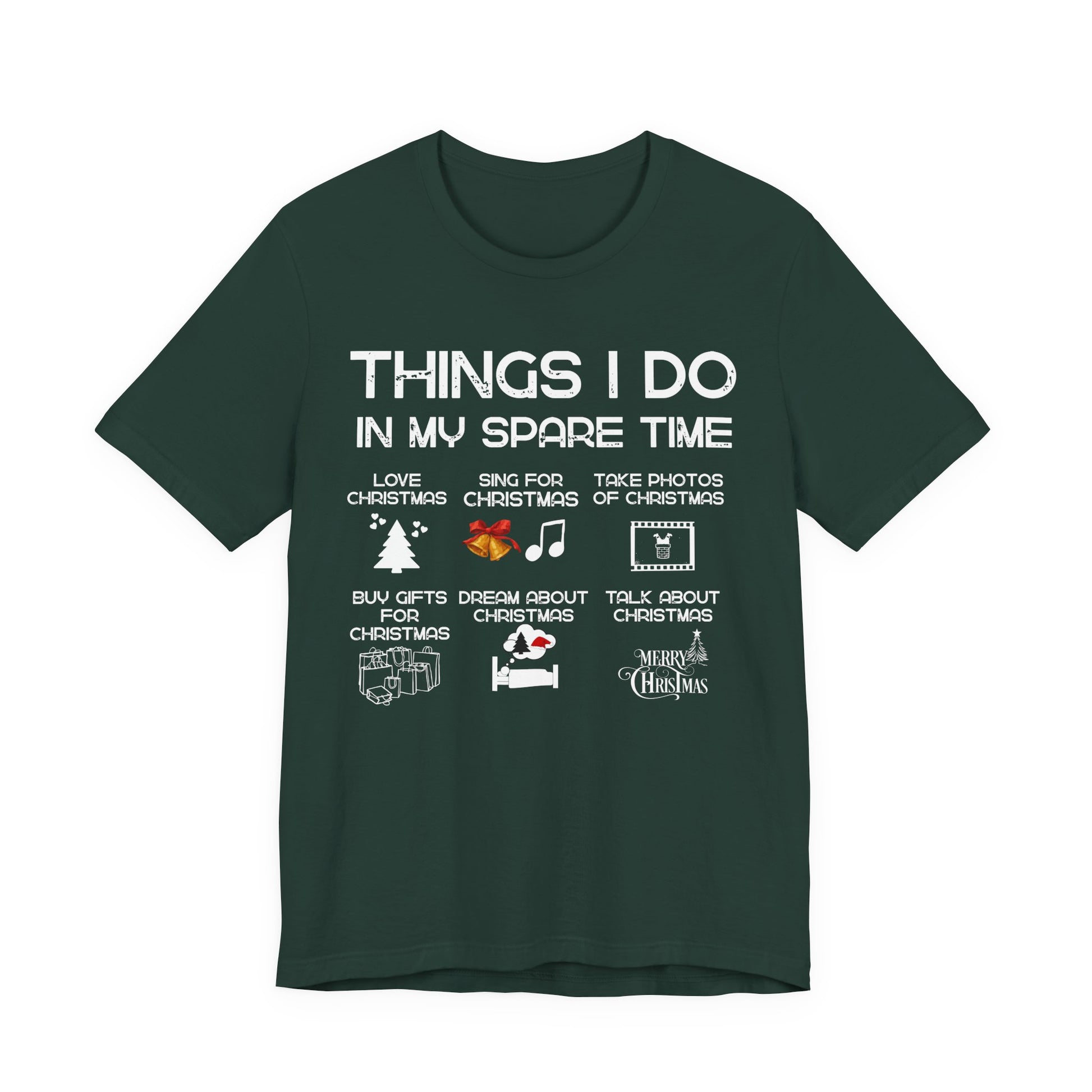 Green t-shirt with Christmas-themed text and graphics on a white background