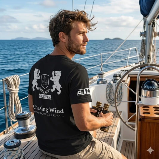 Sailing T-Shirt Man on a sailboat wearing a black t-shirt with branding and text.