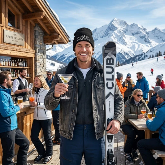 Ski Beanie Man holding a ski and a drink in front of a ski lodge with snowy mountains in the background
