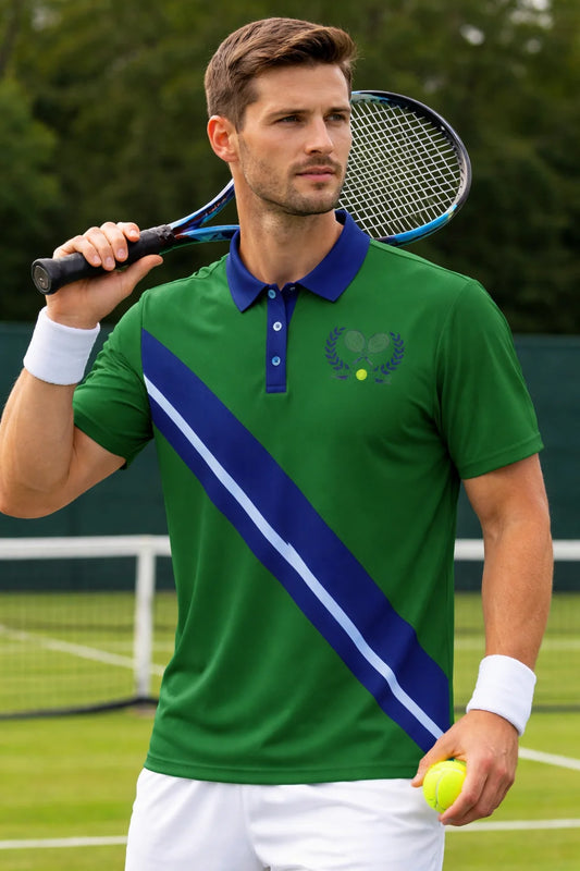 Vintage Tennis Polo Man holding a tennis racket and ball on a tennis court