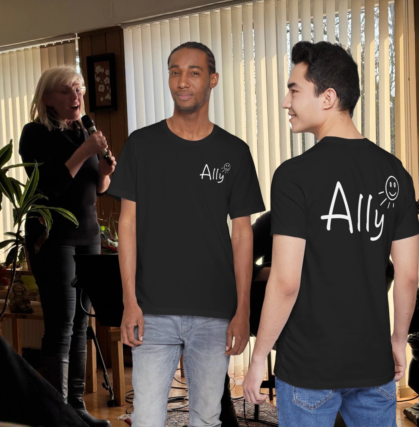 Ally music band Shirt Two people wearing black t-shirts with 'Ally' branding, one facing forward and one showing the back.