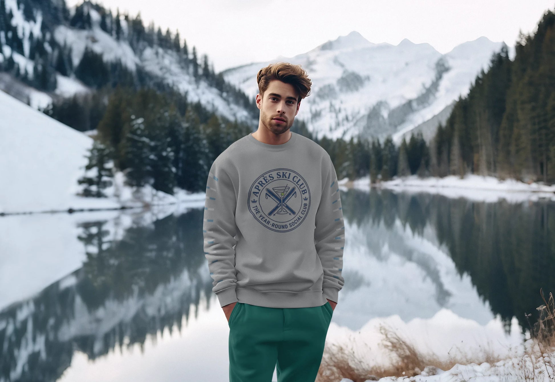 Après Ski Sweatshirt A man wearing a light gray crewneck sweatshirt with a circular 'L'Atelier du Snowboard' logo on the chest, paired with green sweatpants, standing in front of a snowy mountain lake.
