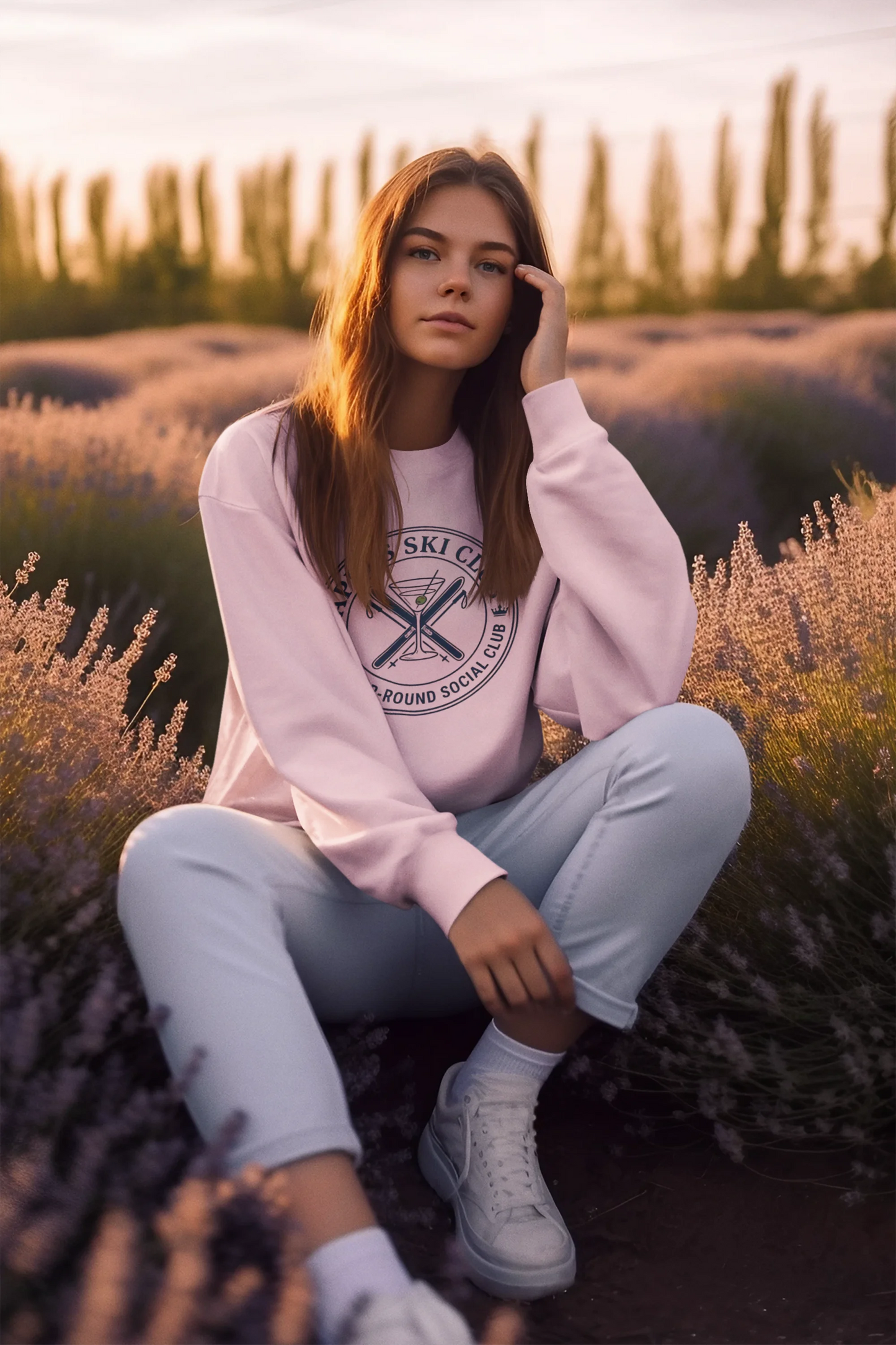 Après Ski Sweatshirt A young woman sits in a lavender field at sunset wearing a light pink crewneck sweatshirt with a circular graphic print, light blue jeans, and white sneakers.