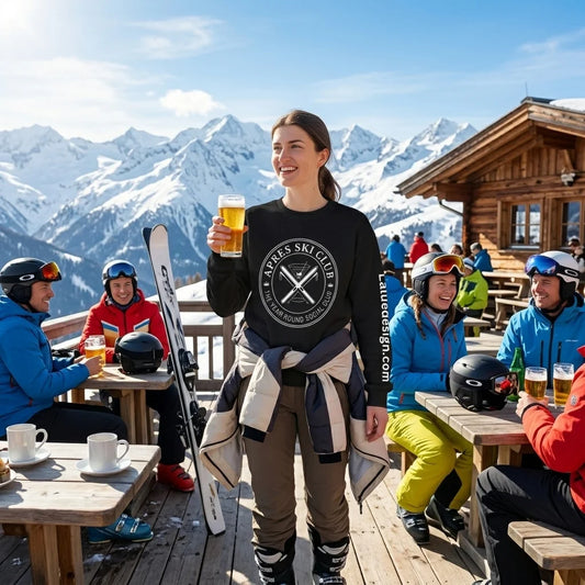 Apres Ski sweater A woman stands on a snowy mountain lodge deck holding a pint of beer, wearing a black graphic sweatshirt with a circular 'Pikes Ski Club' logo. Other people in ski gear sit at wooden tables nearby, with snow-covered peaks and a wooden chalet in the background.