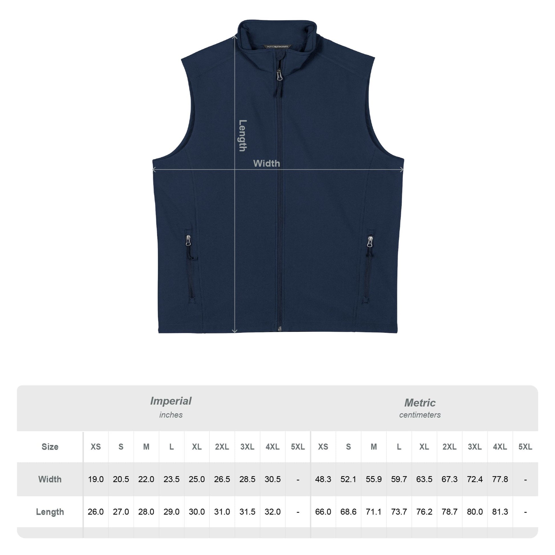 Navy blue vest with measurement chart on a white background