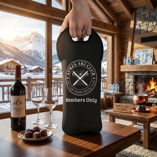 Apres ski gifts A black insulated wine bottle carrier with a white circular 'APRES SKI CLUB' logo and 'Members Only' text, held by a hand in a cozy ski lodge with snowy mountains visible through the windows.