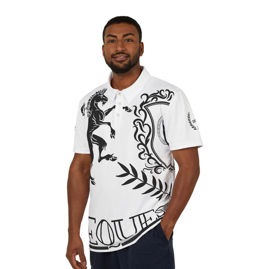 Equestrian Crest Polo Shirt A man wearing a white short-sleeve polo shirt with a black equestrian graphic print, paired with navy blue pants, against a plain white background.
