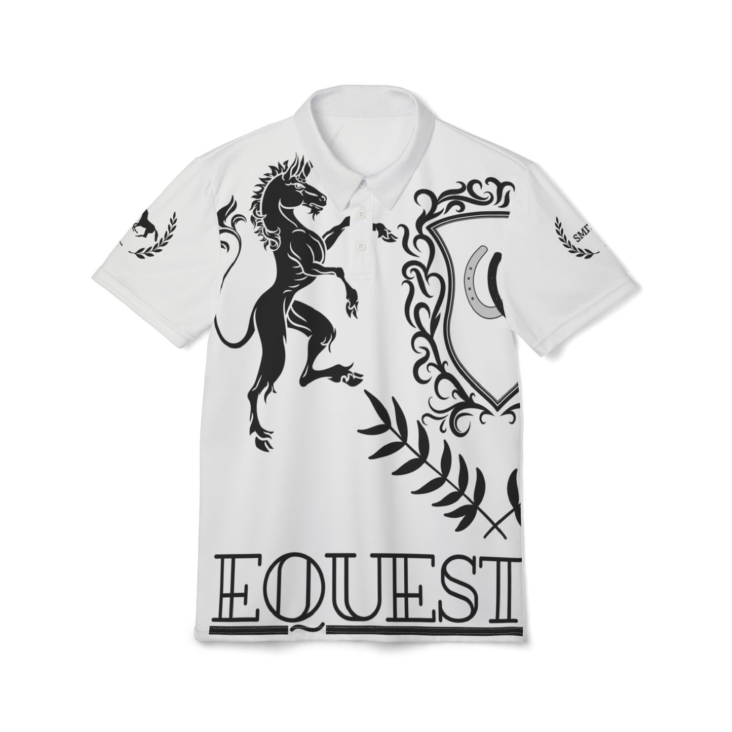 Equestrian Crest Polo Shirt A white short-sleeve polo shirt featuring a black graphic print of a rearing horse, a shield, laurel leaves, and the word 'EQUEST' at the bottom, displayed on a clean white background.