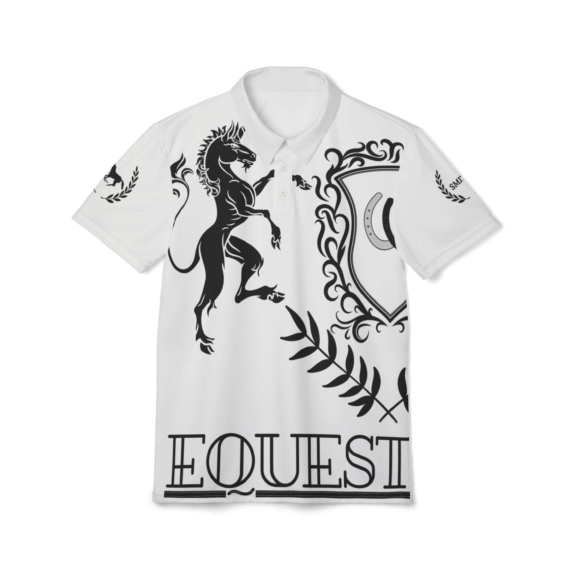 Equestrian Crest Polo Shirt A white short-sleeve polo shirt featuring a black graphic print of a rearing horse, a shield, laurel leaves, and the word 'EQUEST' at the bottom, displayed on a clean white background.