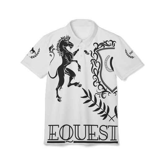 Equestrian Crest Polo Shirt A white short-sleeve polo shirt featuring a black graphic print of a rearing horse, a shield, laurel leaves, and the word 'EQUEST' at the bottom, displayed on a clean white background.