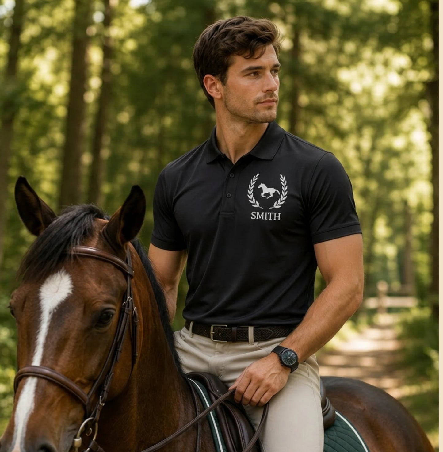 Equestrian polo shirt Man riding a horse in a forest wearing a black polo shirt with 'Smith' logo.