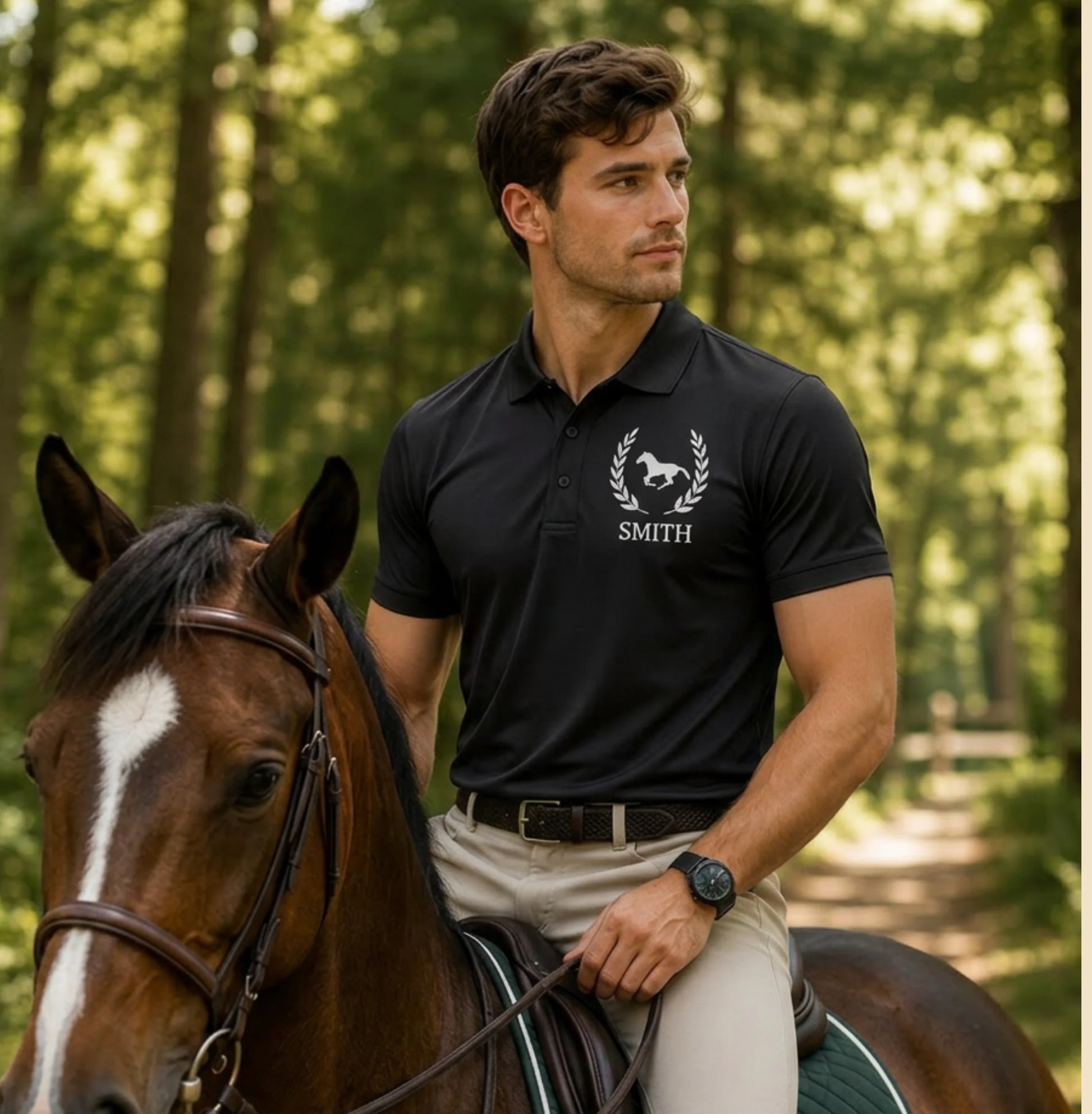 Equestrian polo shirt Man riding a horse in a forest wearing a black polo shirt with 'Smith' logo.