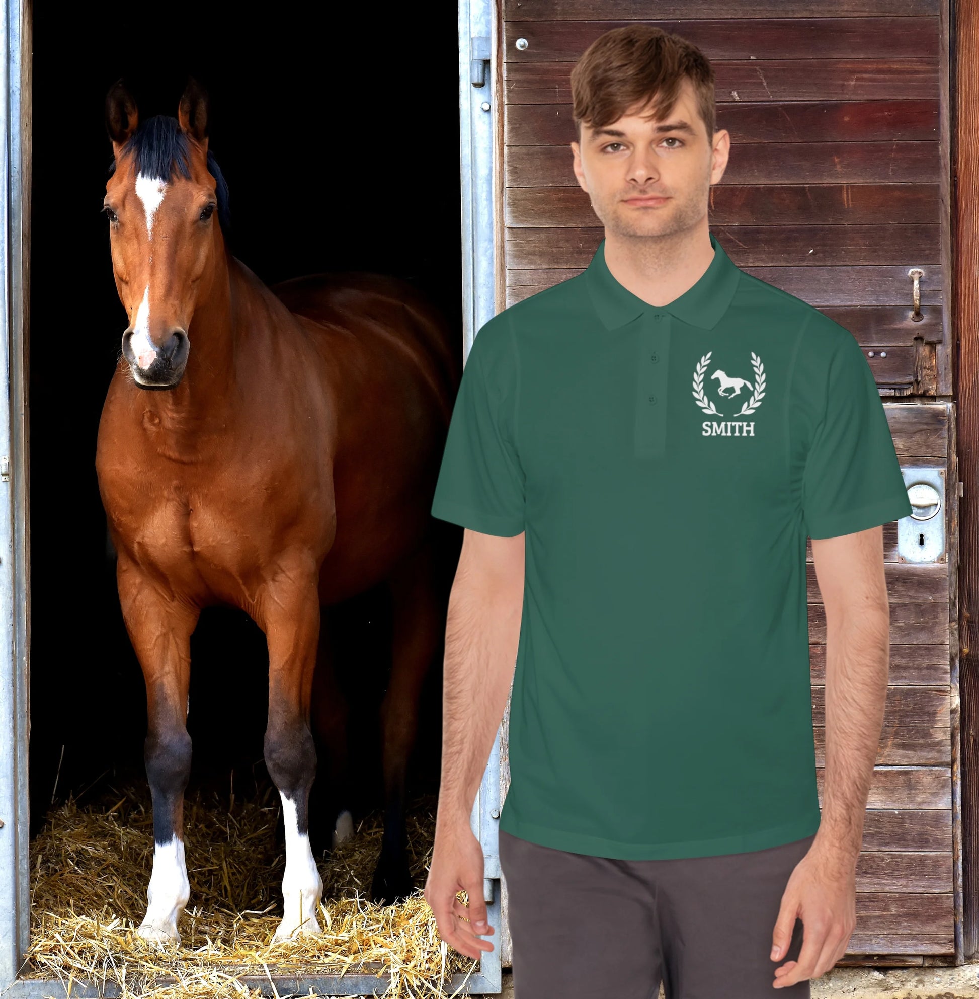 Equestrian polo shirt Man wearing a green polo shirt with a horse logo and 'Smith' text, standing next to a brown horse in a stable.