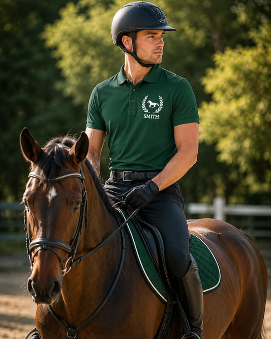 Equestrian polo shirt Man riding a horse in an outdoor setting with trees in the background