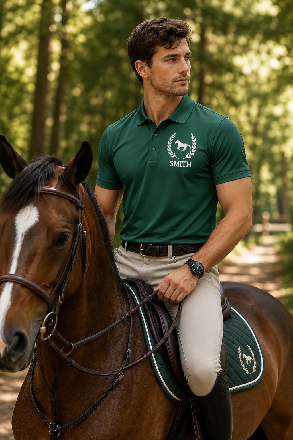 Equestrian polo shirt Man in a green polo shirt riding a horse in a forest setting