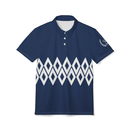 Tennis 1980 Polo Shirt Navy blue polo shirt with white geometric pattern on a white background
