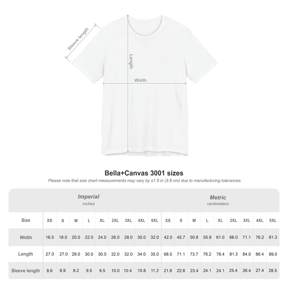 White t-shirt with measurement chart on a white background