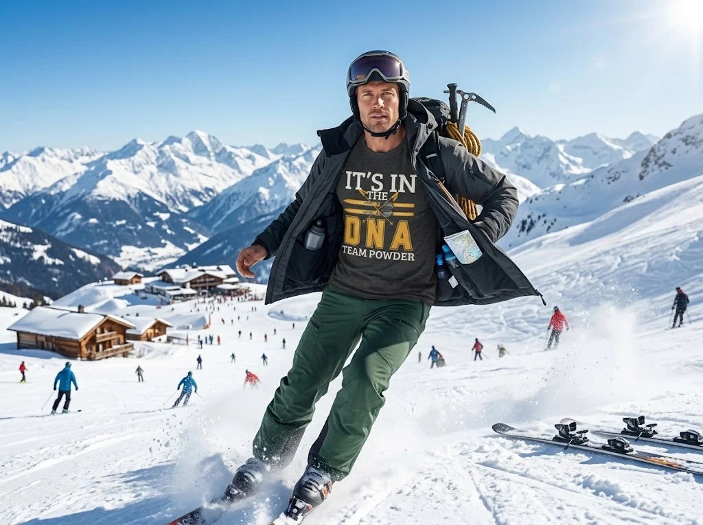 Its in the DNA A man skiing down a snowy mountain slope wearing a dark gray graphic t-shirt with 'IT'S IN THE DNA TEAM POWDER' printed on the front, green ski pants, and a black jacket, with mountains and other skiers in the background.