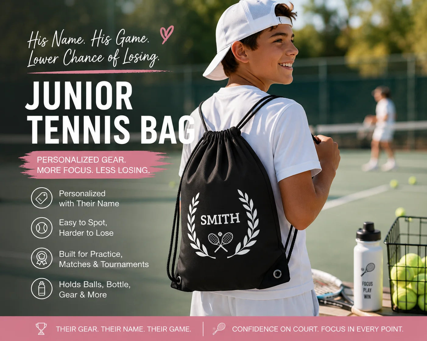 Junior Tennis bag Person on a tennis court with a black drawstring bag labeled 'Smith' and promotional text about a junior tennis bag.