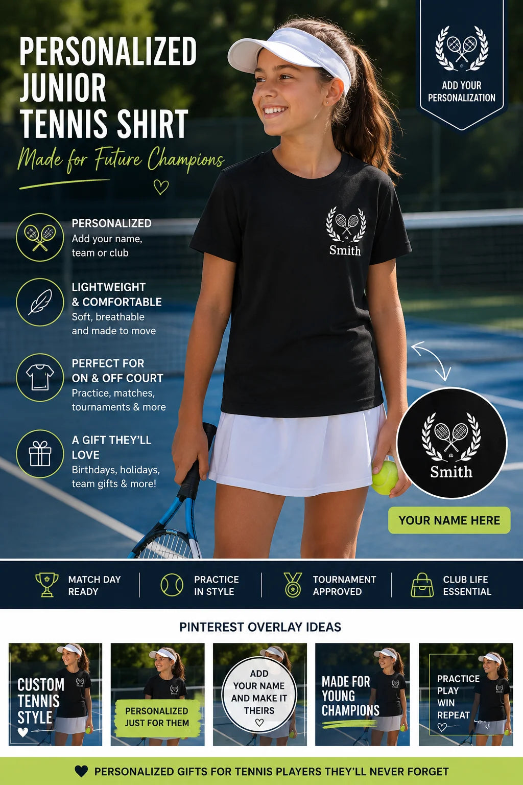 Junior tennis shirts Person wearing a personalized tennis shirt with branding and text overlay on a tennis court background.