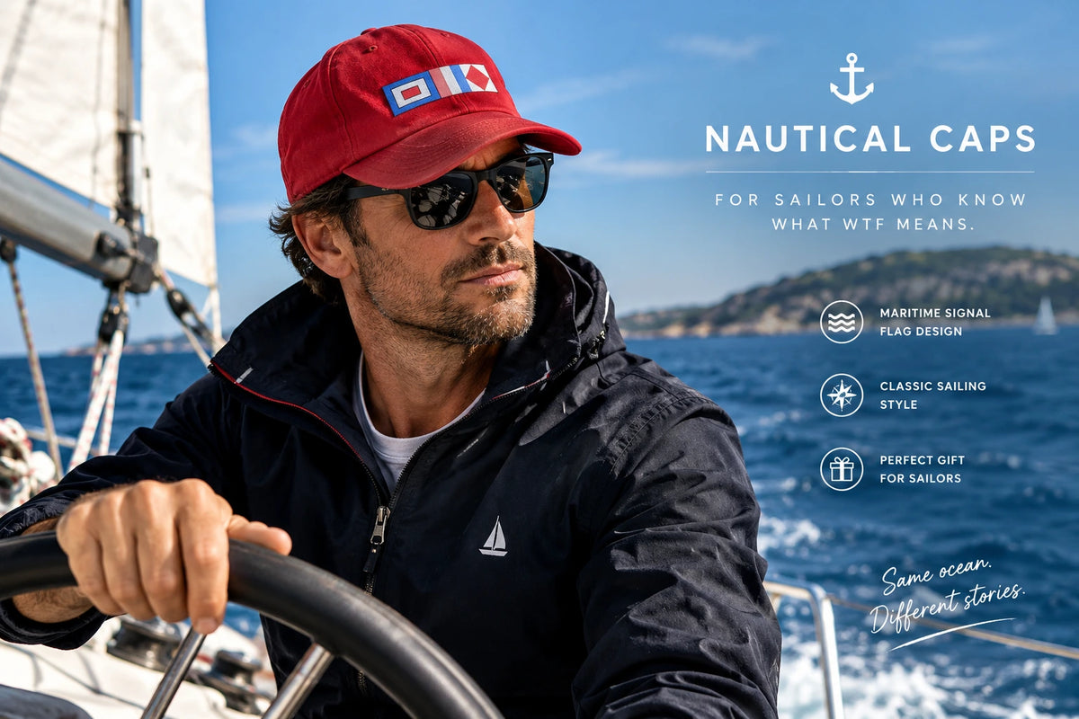 Nautical caps A man sailing on a boat wearing a red Nautical Caps cap with a Canadian flag patch, black sunglasses, and a dark navy jacket. The image features promotional text for Nautical Caps on the right side.