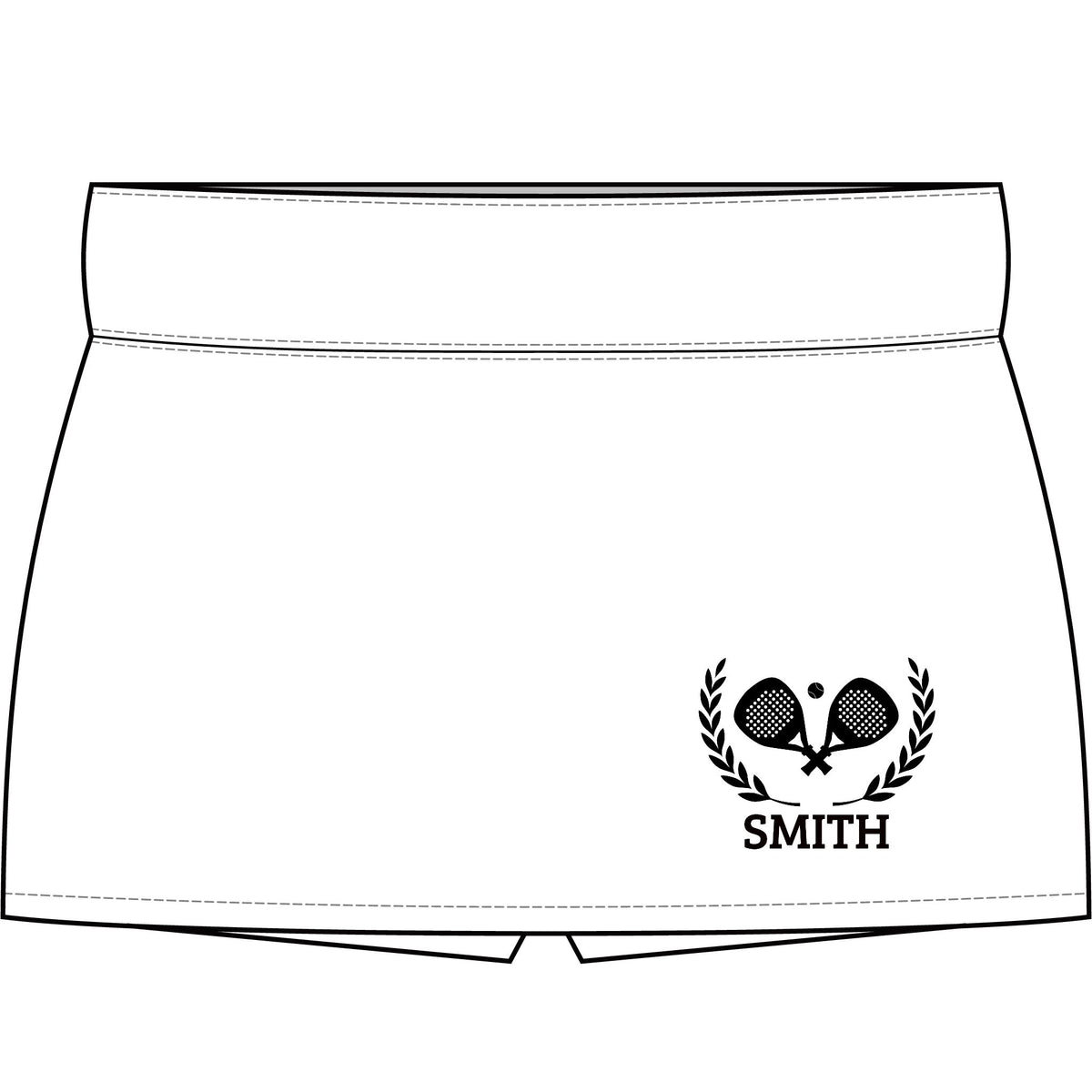Padel Skort White athletic shorts with a black printed logo on the lower right featuring crossed tennis rackets, laurel branches, and the name 'SMITH'.