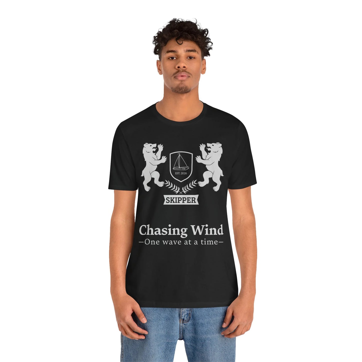 Sailing Boat T Shirt Person wearing a black t-shirt with white graphics and text on a white background