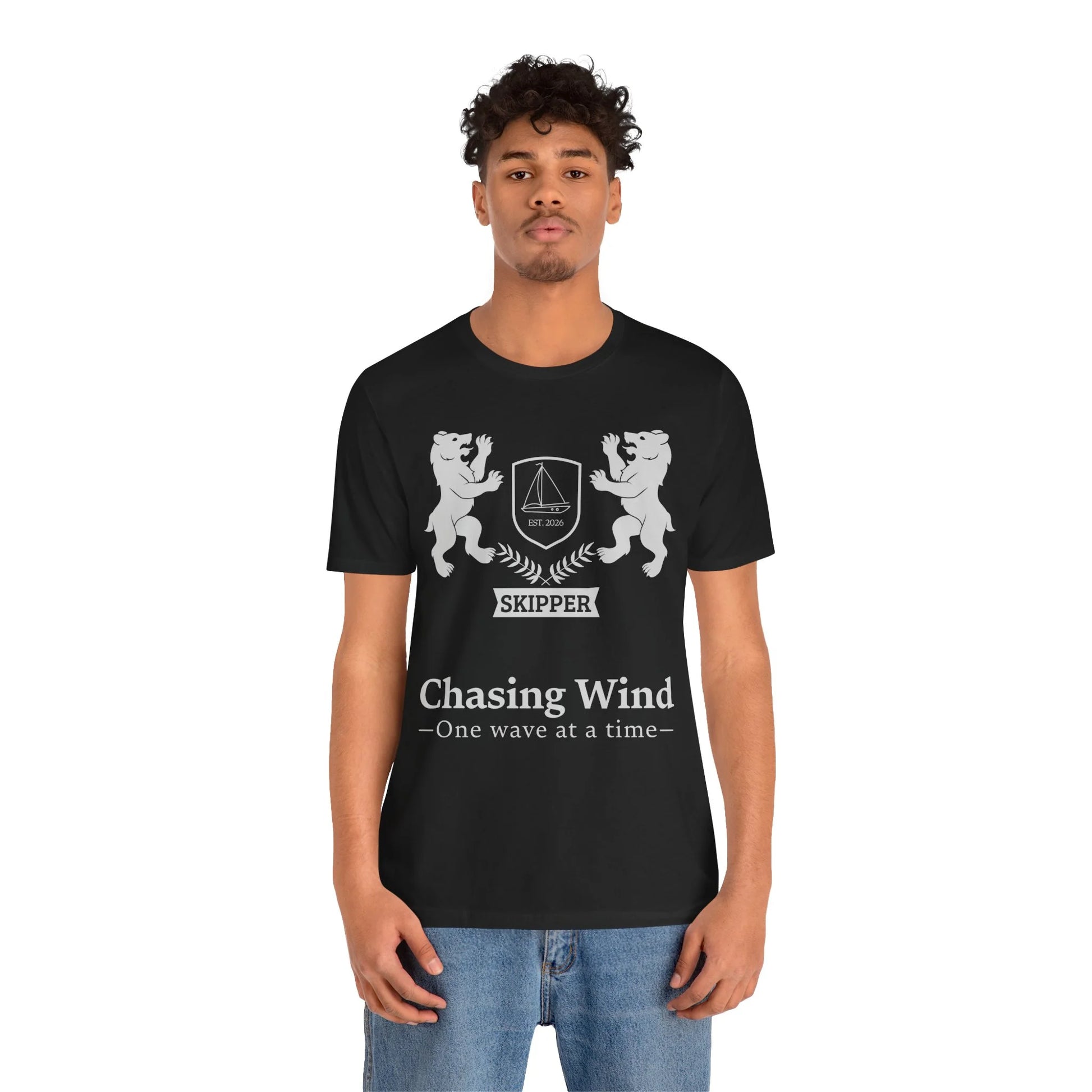 Sailing Boat T Shirt Person wearing a black t-shirt with white graphics and text on a white background