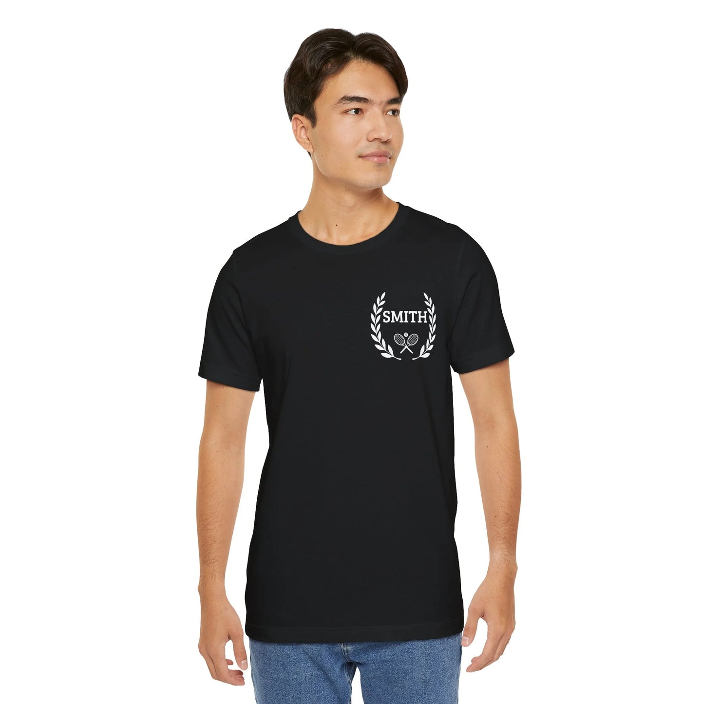 Unique gifts for tennis players Man wearing a black t-shirt with 'Smith' logo on a white background