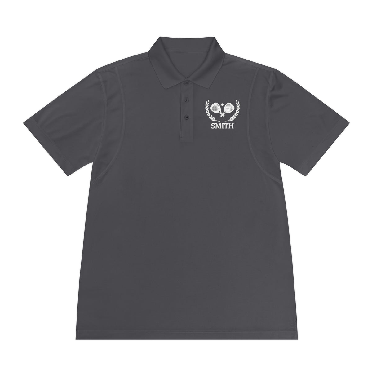Personalisiertes Padel Polo Dark gray polo shirt with a logo on the chest against a white background