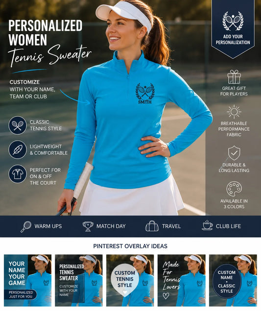 Personalized women tennis sweater Woman wearing a blue tennis sweater with personalized options on a promotional graphic.