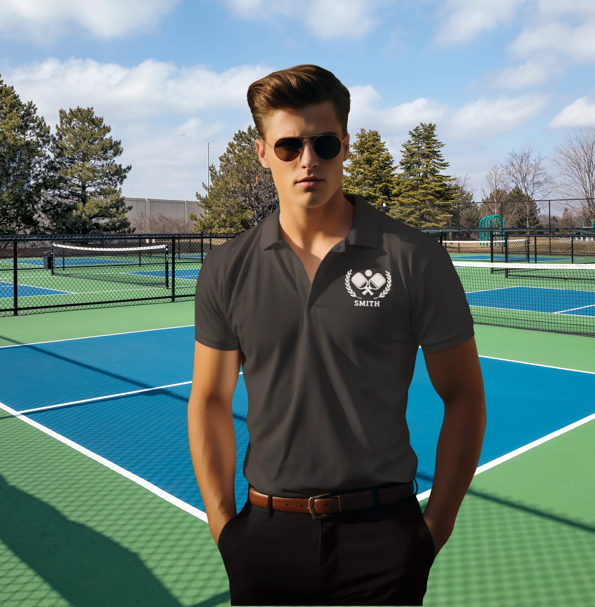 Pickleball Polos A man wearing a dark gray polo shirt with a white 'SMITH' tennis logo stands on a blue and green tennis court under a cloudy sky.