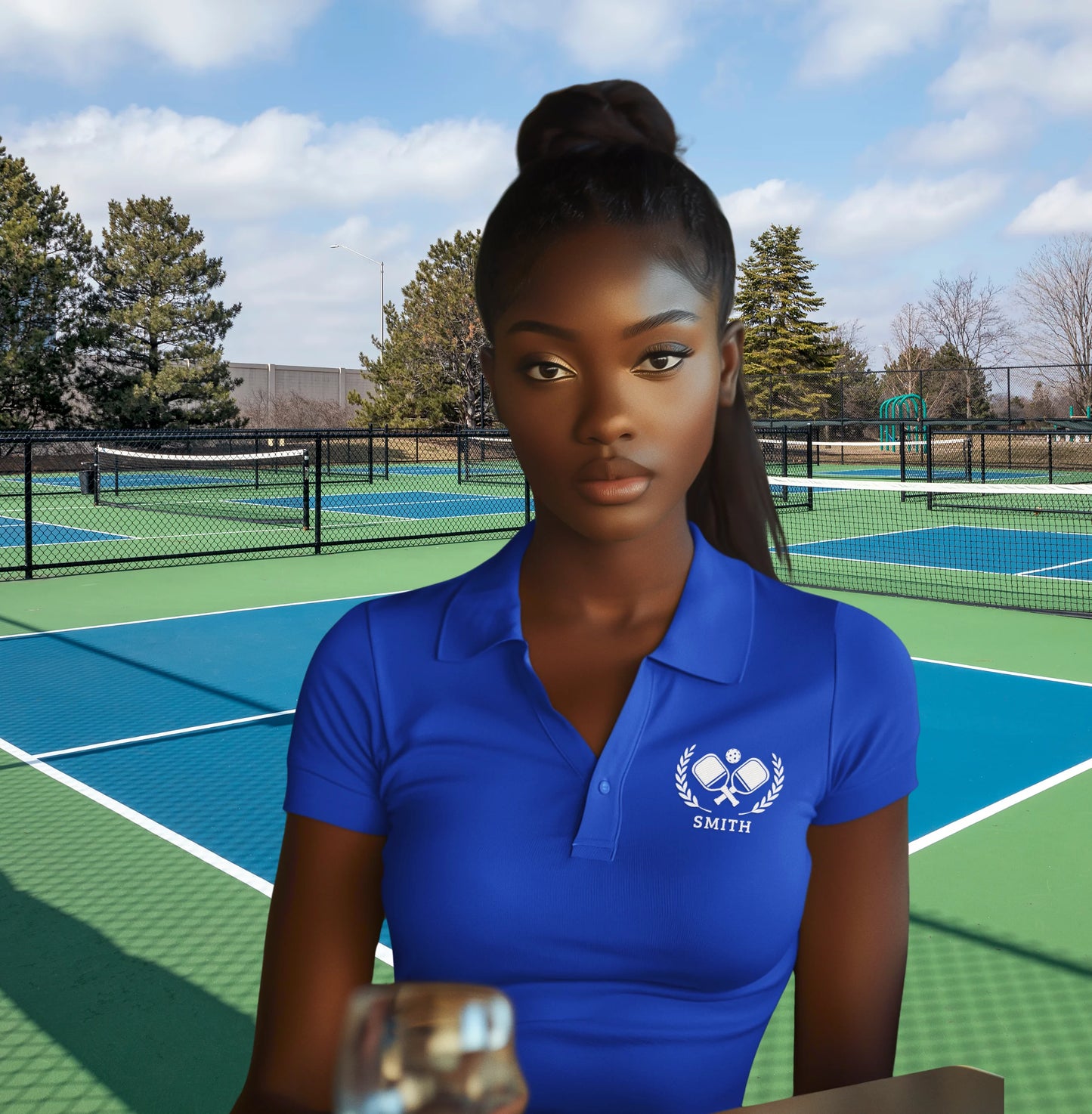 Pickleball Polos A woman wearing a royal blue polo shirt with a white 'SMITH' tennis logo stands on an outdoor tennis court. The shirt features a white embroidered logo of crossed tennis rackets with laurel branches and the name 'SMITH' below it.