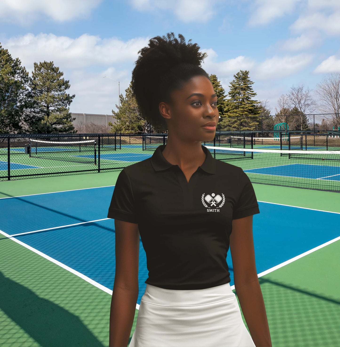 Pickleball Polos A woman stands on an outdoor tennis court wearing a black short-sleeve polo shirt with a white embroidered logo on the left chest and a white skirt.