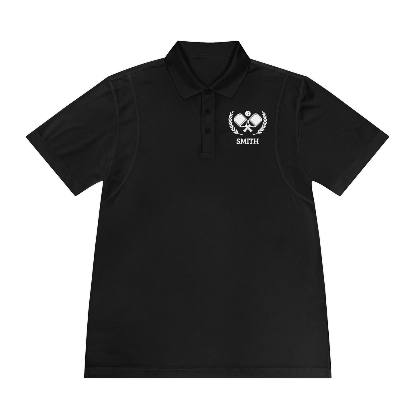 Pickleball Polos Black polo shirt with a logo on the chest against a white background