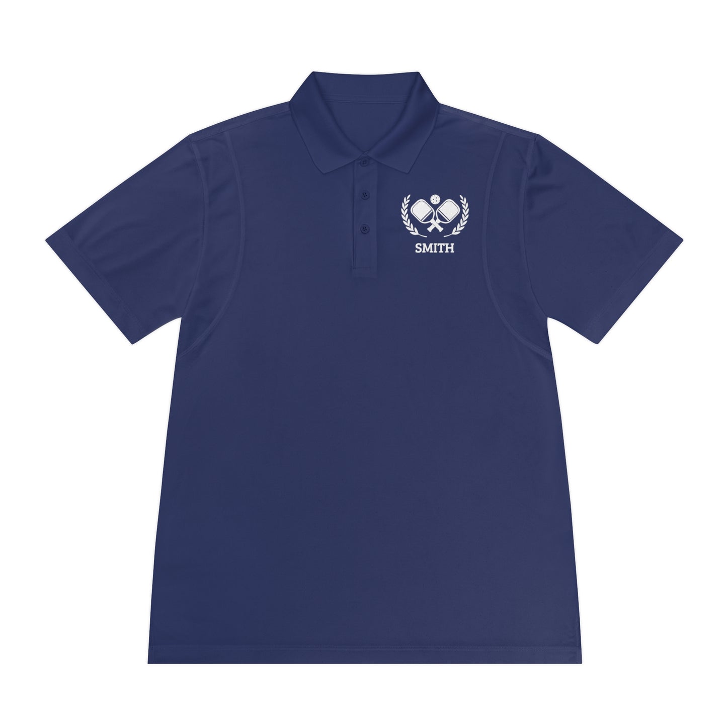 Pickleball Polos Navy blue polo shirt with a logo on the chest against a white background